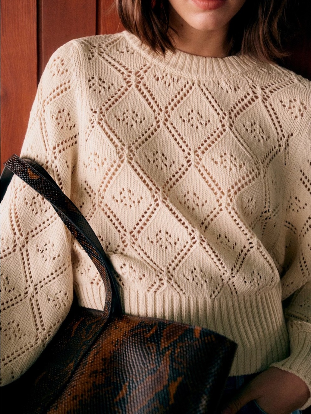 Sezane Cream Diamond Openwork Crewneck Sweater